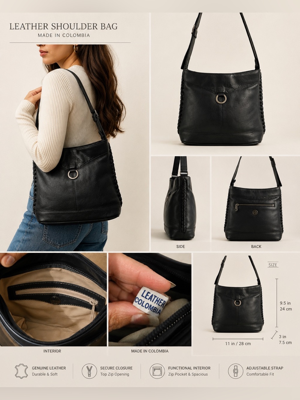 Vintage Black Genuine Leather Shoulder Bag Made in Colombia Braided Trim - Picture 2 of 15